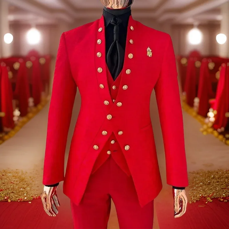 Floral Pattern Suits For Men Prom Wedding Double Breasted Jacquard Business Groom Tuxedo 3 Pcs (Jacket + Pants + Vest) 2024