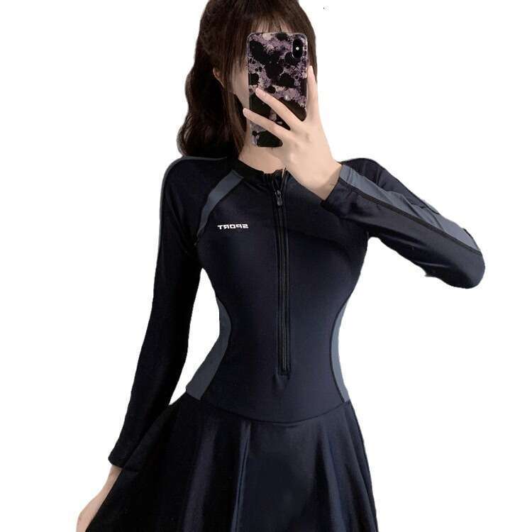 New Skirt Style One Piece Fresh Women's Conservative Slimming Long Sleeved Student Hot Spring Swimming Suit