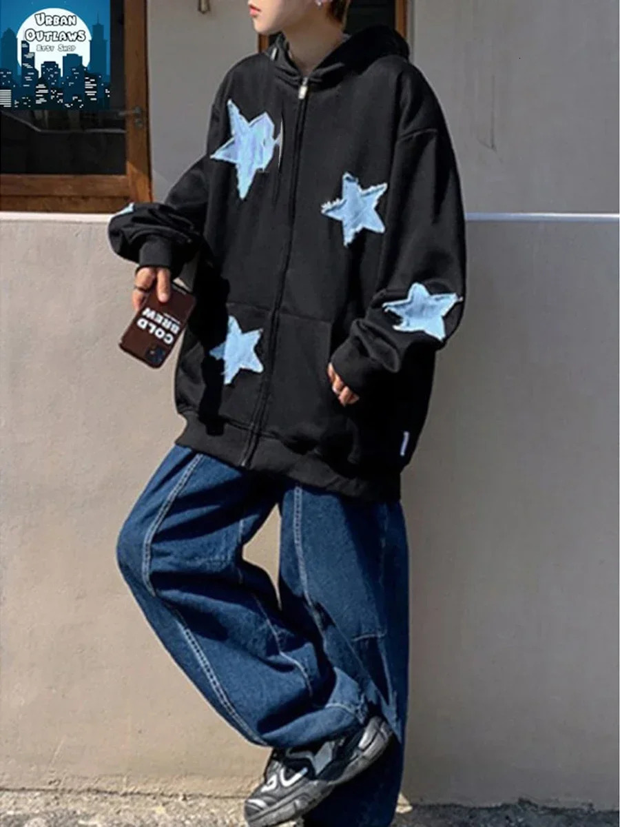 Womens Zipper Hoodie Star Pattern Casual Long Sleeve Sports Jacket with Pocket Suitable for Autumn Street Wear 241010