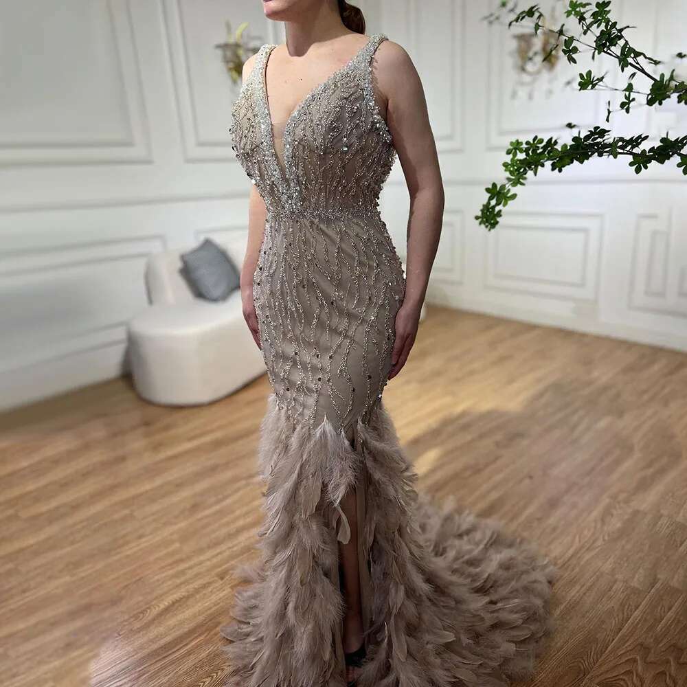 Feather Beaded Evening Fashion V-Neck Sequined Mermaid Gowns Elegant Side Slit Sweep Train Party Prom Dresses