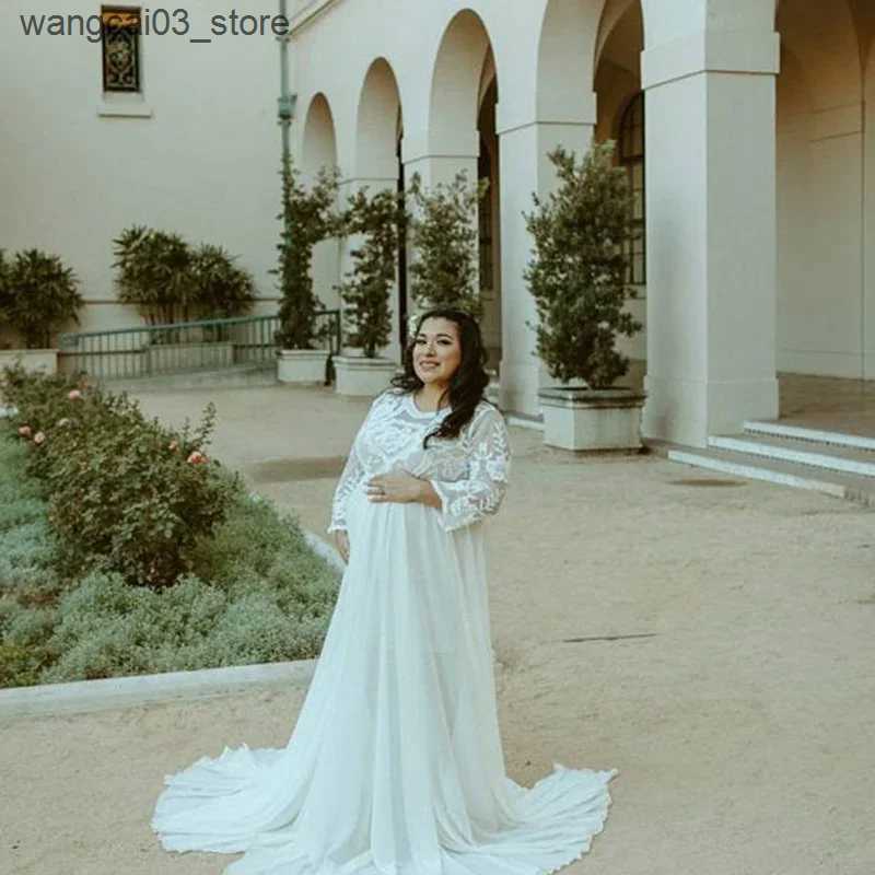 Maternity Dresses New Maternity Lace Chiffon Trailing Dress Pregnant Women Pregnancy Spring Autumn Maxi Gown Photography Prop See Through Clothing L24