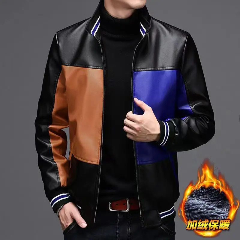 Winter PU Leather Mens Jacket Winter Fur One Piece Jacket Thick Warm Neck Jacket Mens Apron Jacket 240927