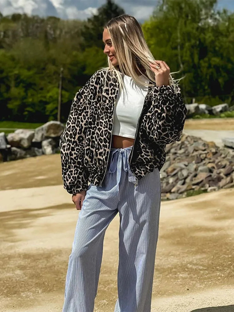 Fashion Leopard Pattern Cashmere Coat Autumn/Winter Fashion Warm Coat Womens O-neck Zipper Loose Jacket 241007