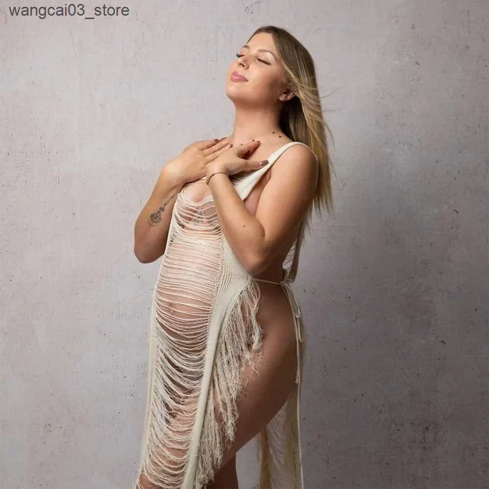 Maternity Dresses Pregnant Women Hollow Out Cotton Dress For Maternity Photography Props Square Collar Sleeveless Pregnancy Photoshoot Dress Gowns L24