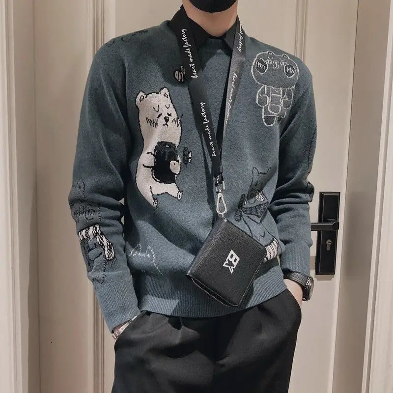 Fashionable O-neck Embroidered Cartoon Sweater Mens Wear Winter Loose Knitted Full Match Lanhua Leisure Warm Top 241007