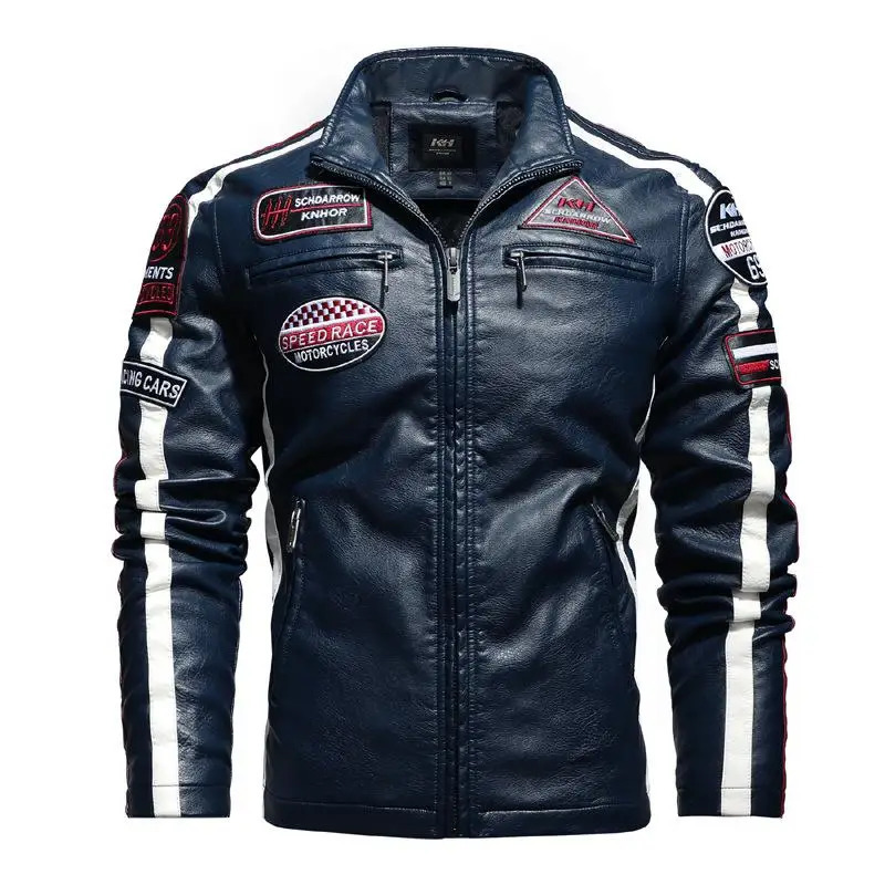 Mens ultra-fine PU motorcycle jacket fashionable leather jacket plush contrasting color ed pilot jacket autumn and winter 240927