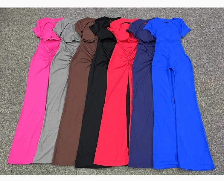 Sexy Backless Scrunch Flared Jumpsuits Women One Piece Sportswear Yoga Clothes Short Sleeve Fiess Overalls Female Sport Outfit mascot