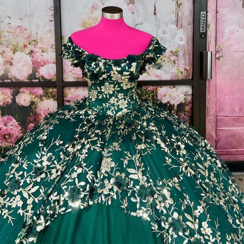 Emerald Green Quinceanera Dresses Off The Shoulder Sequined Appliques Lace Flower Tull Sweet 16 Birthday Party Dress Vestidos 15 de Anos