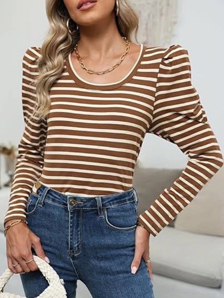 Womens Long Sleeved Round Neck Puff Sleeve T-Shirt European And American Black White Striped Puff Sleeve Casual Fall Streetwear 241011