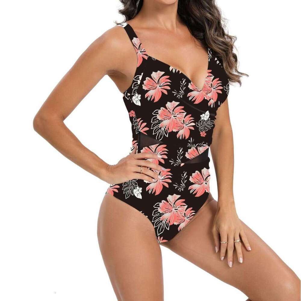 2024 New Printed One Piece Mesh Spliced Bikini Open Back Hollow Sexy Swimwear