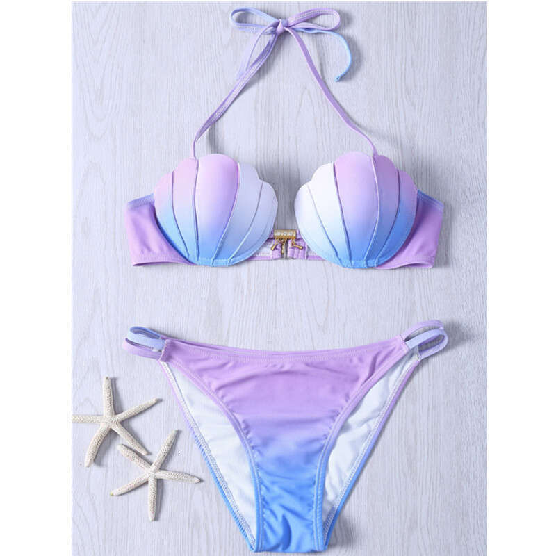 Mermaid Sexy Pink Blue Gradient Steel Toe Shell Bikini Swimsuit