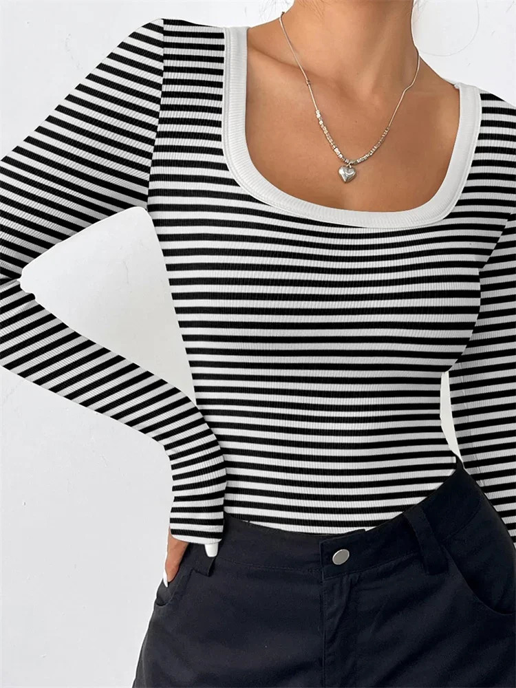 GuliriFei Women Striped Print T-shirts Crop Tops Long Sleeve Round Neck Low Cut Slim Fit Basic Tees Shirts Spring Fall Blouses 241011