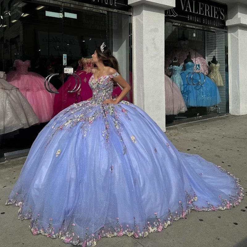 Sky Blue Off The Shooulder Quinceanera Dresses Sparkly Birthday Party Dress Formal Applique Lace Tull Gown Vestidos De 15 Anos Sweet 16 Dress