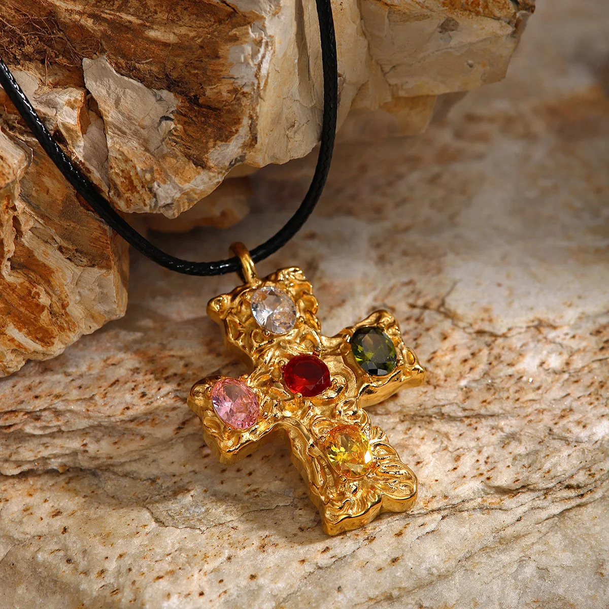 18K gold stainless steel pendant wax rope colored zircon/hammer cross set zircon necklace 240929