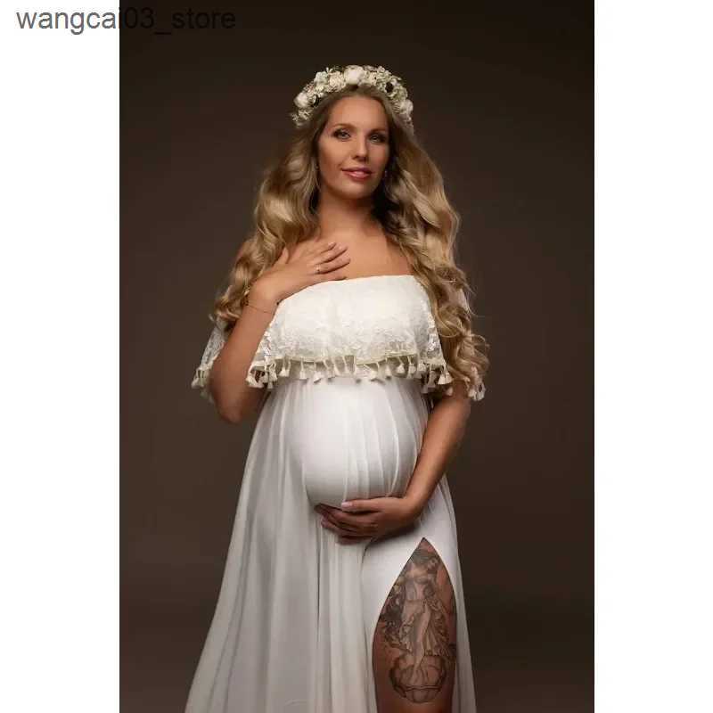Maternity Dresses One Line Neckline Tassel Pregnant Woman Photography Dress Milk Silk Floor Mopping Pregnant Woman Photo Taking Long Dress L240910