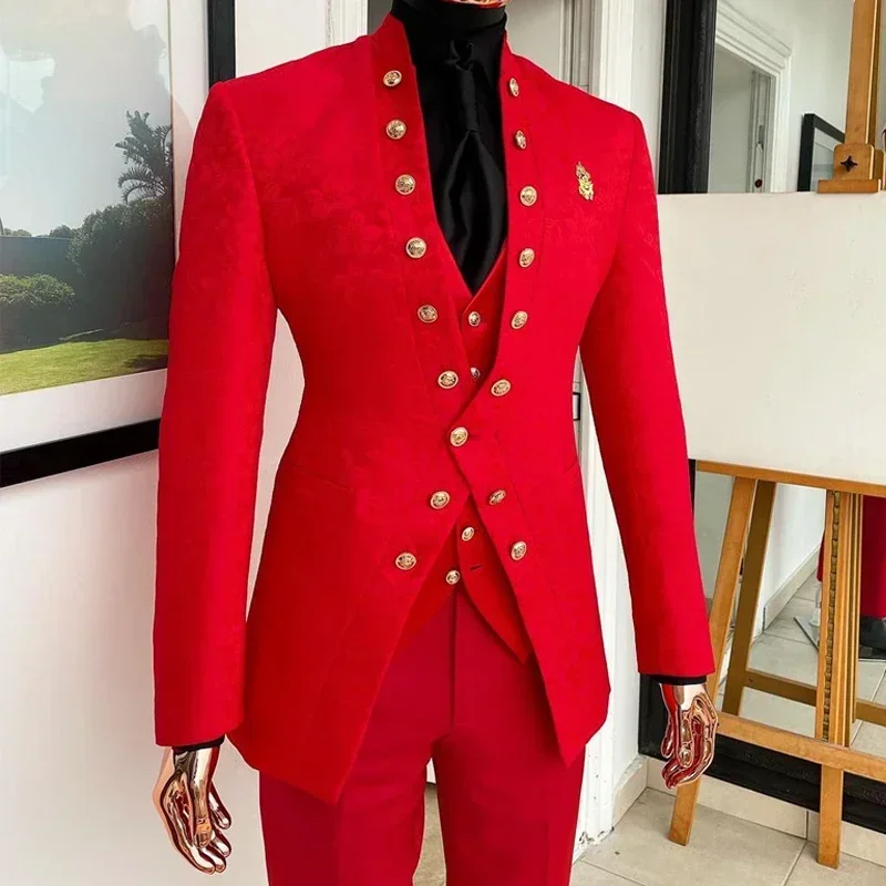 Floral Pattern Suits For Men Prom Wedding Double Breasted Jacquard Business Groom Tuxedo 3 Pcs (Jacket + Pants + Vest) 2024