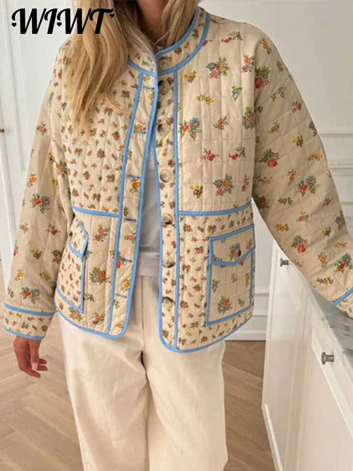 Printed patch work jacket womens loose O-neck single chest pocket jacket autumn/winter womens casual top 240927