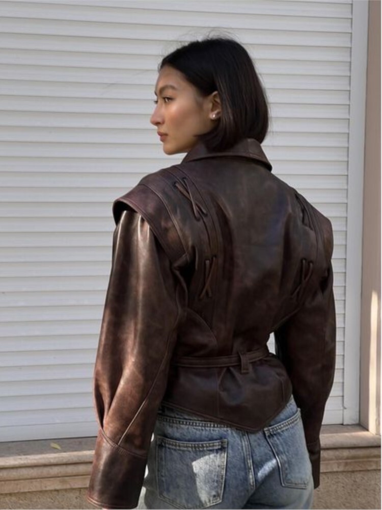 Lace-Up Motorcycle Leather Jacket Coat Vintage Waist Cinching French Long Sleeved Single Breasted Coffee Brown Women PU Jackets