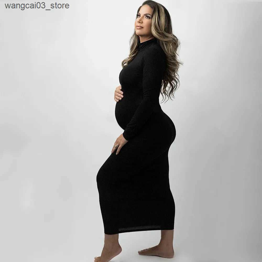 Maternity Dresses High Neck Stretchy Baby Shower Long Dresses Full Sleeve Skinny Maternity Photography Prop Dress L240910