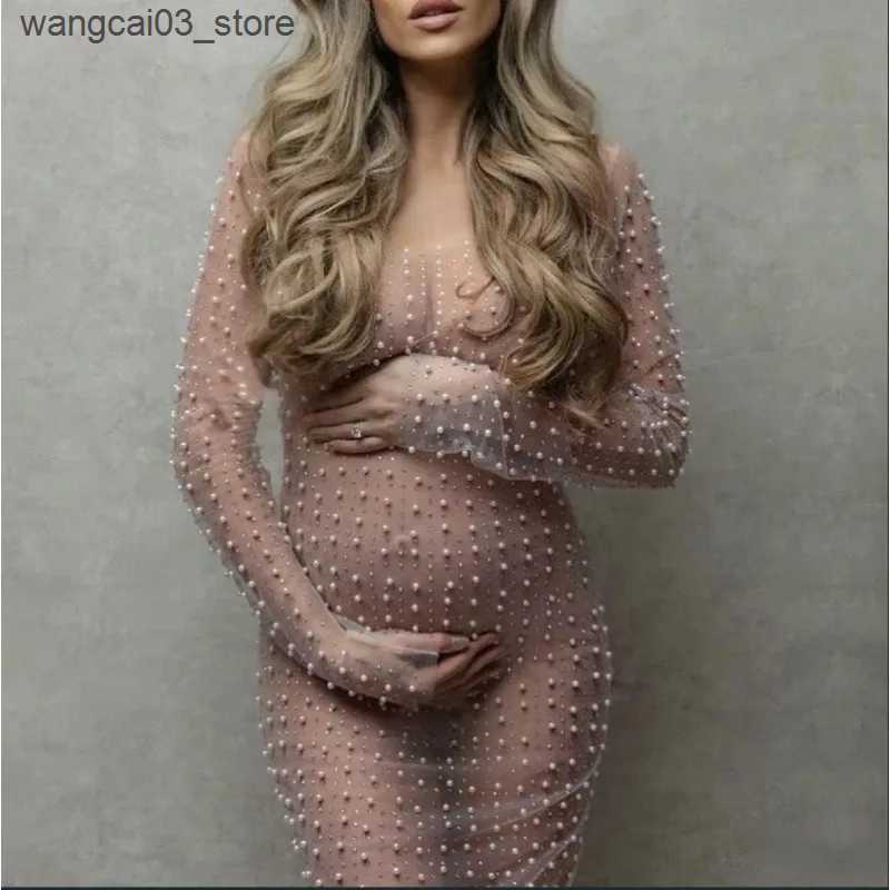 Maternity Dresses Womens Sheer Mesh Pearl Rhinestone dress Beach Bikini Swimsuit Coverups Maternity Dresses Photoshoot L240910