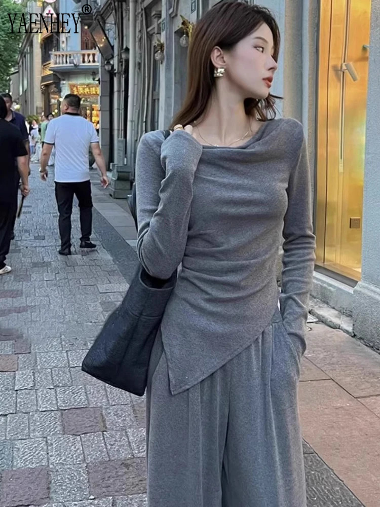 Irregular solid color slanted neck n womens soft Tshirthigh waist set thin wide leg pure style spicy girl twopiece women 241008