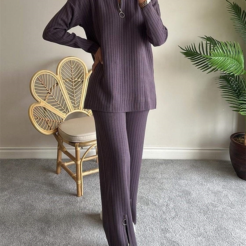 Casual Knitted Home Set Womens Warm Zipper Top Pants Turn Down Collar Long Sleeve High Waisted Trousers 2 Piece Outfit y241010