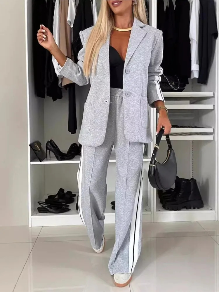 Womens fashionable and elegant two-piece lapel set autumn and winter solid casual two-piece set womens office jacket two-piece set 240927
