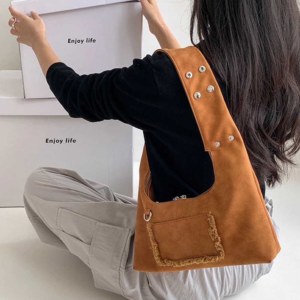 Ladies Suede Shoulder Bag with Double Zipper Tote Adjustable Strap Handbag Solid Clutch Purse for Work Travel 241011
