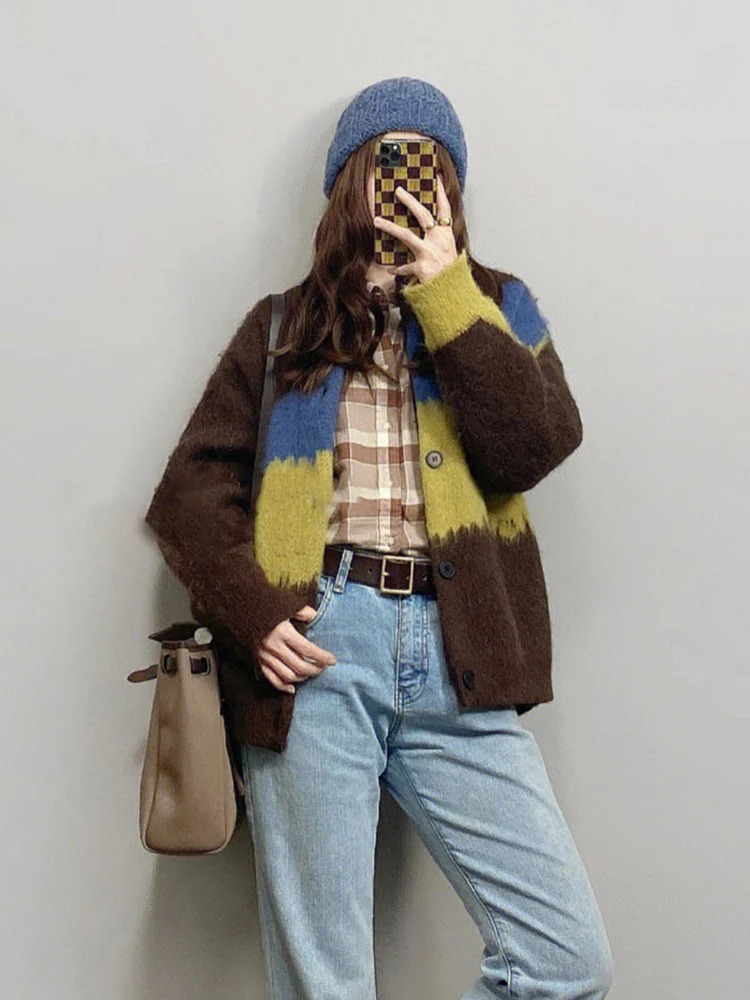 Jmprs Harajuku Vintage Cardigan Women Patchwork Korean Knitted Sweater Tops Lazy Wind Loose Casual Long Sleeve Coat 241007