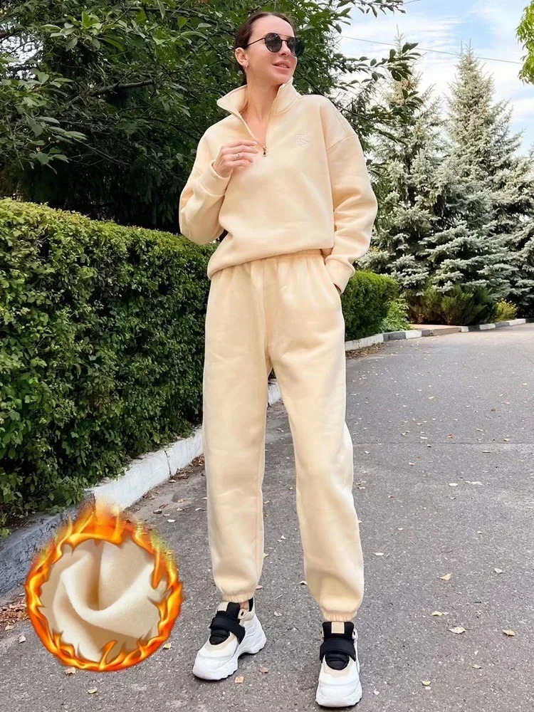 Sports womens warm track and field clothes winter cotton wool twopiece set harem Trouser velvet zipper hooded sweatshirt 241008