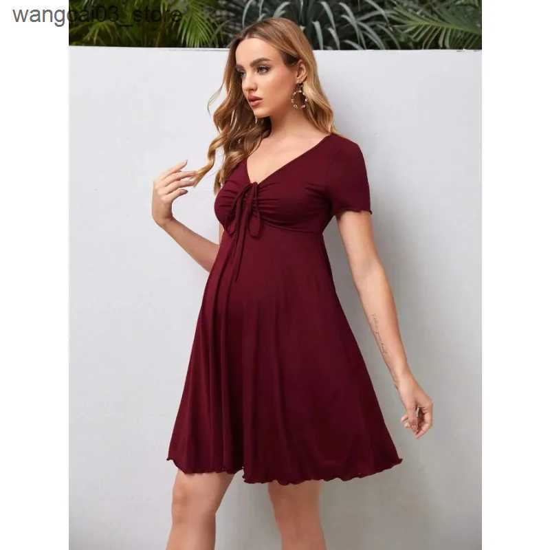 Maternity Dresses Maternity Clothes Solid Drawstring Dress Skirt Summer Casual Pregnant Women Short Sleeve V-Neck Dress Vestido Pregnancy Clothing L24