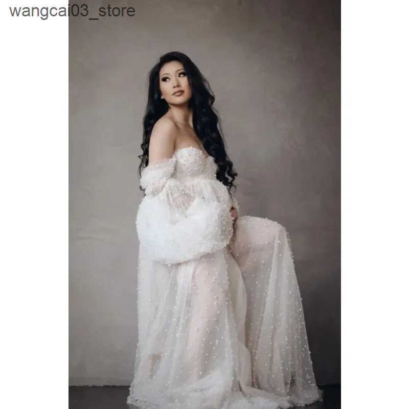 Maternity Dresses Maternity Photography Props Dress Dense Pearl White Yarn Maternity Photography Clothing Babyshower Gown Photo Shoot Pregnant L240910