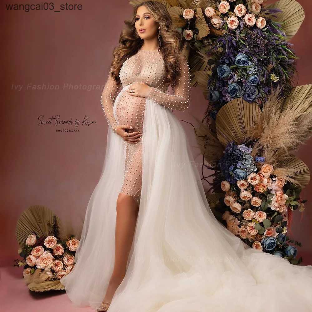 Maternity Dresses Maternity Photography Props Dress Transparent Tulle Pearl Pregnancy Dress Sexy Clothes For Pregnant Women L240910 L240910