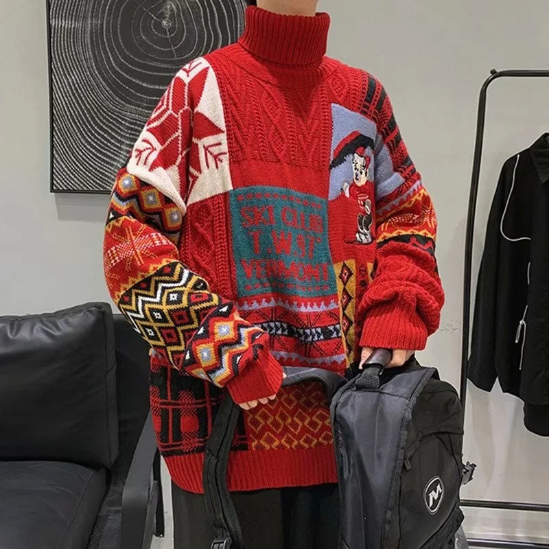 Winter Men Turtleneck Sweaters Christmas ski bear Knitted Pullovers Casual Sweaters Male Knitwear Hip Hop Pullovers 241009