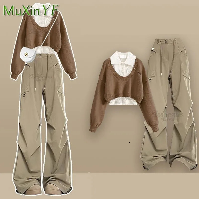 Womens Autumn/Winter Sportswear Set Korean Elegant Knitted SweaterTank TopCasual Cargo Pants 3-Piece Set 241010