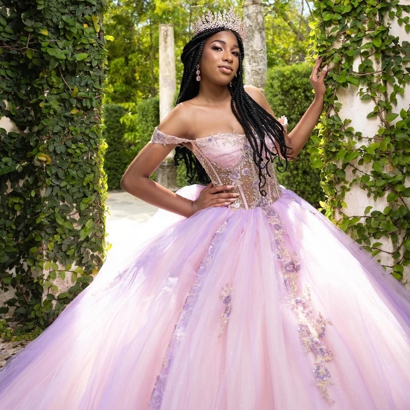Pink Quinceanera Dresses Sweet 16 Year Ball Gown Off the Shoulder Applique Lace Tull Party Birthday Dress for Girl vestidos 15 De Anos