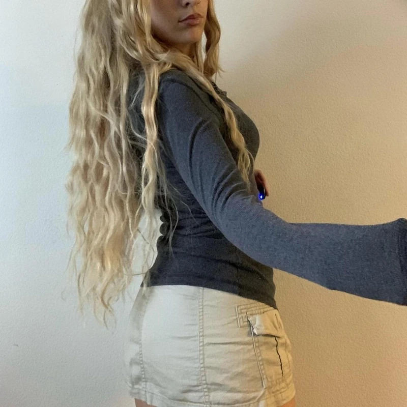 Y2K Women Basic Crop Top Fairy Grunge Long Sleeve Button Slim Fit Brown Tee Harajuku Aesthetic Tshirt 2000s Vintage Streetwear 241011