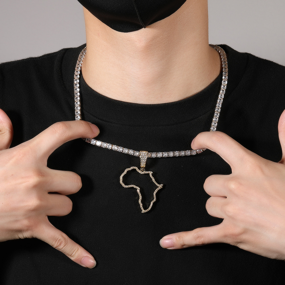 Vintage Hollow Map of Africa Pendant Necklace 5A Zircon Men Women Couple Jewelry