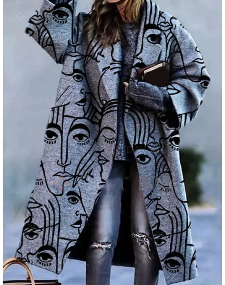 Elegant Autumn Street Lady Long Cardigan Coats Fashion Floral Print Pocket Sleeve Jacket Winter Women Blend Wool Coat 240930