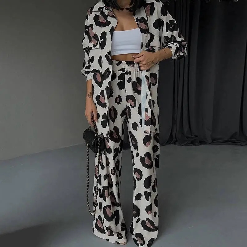 European and American springsummer casual womens printed n long sleeved shirtwide leg pants twopiece set 241008