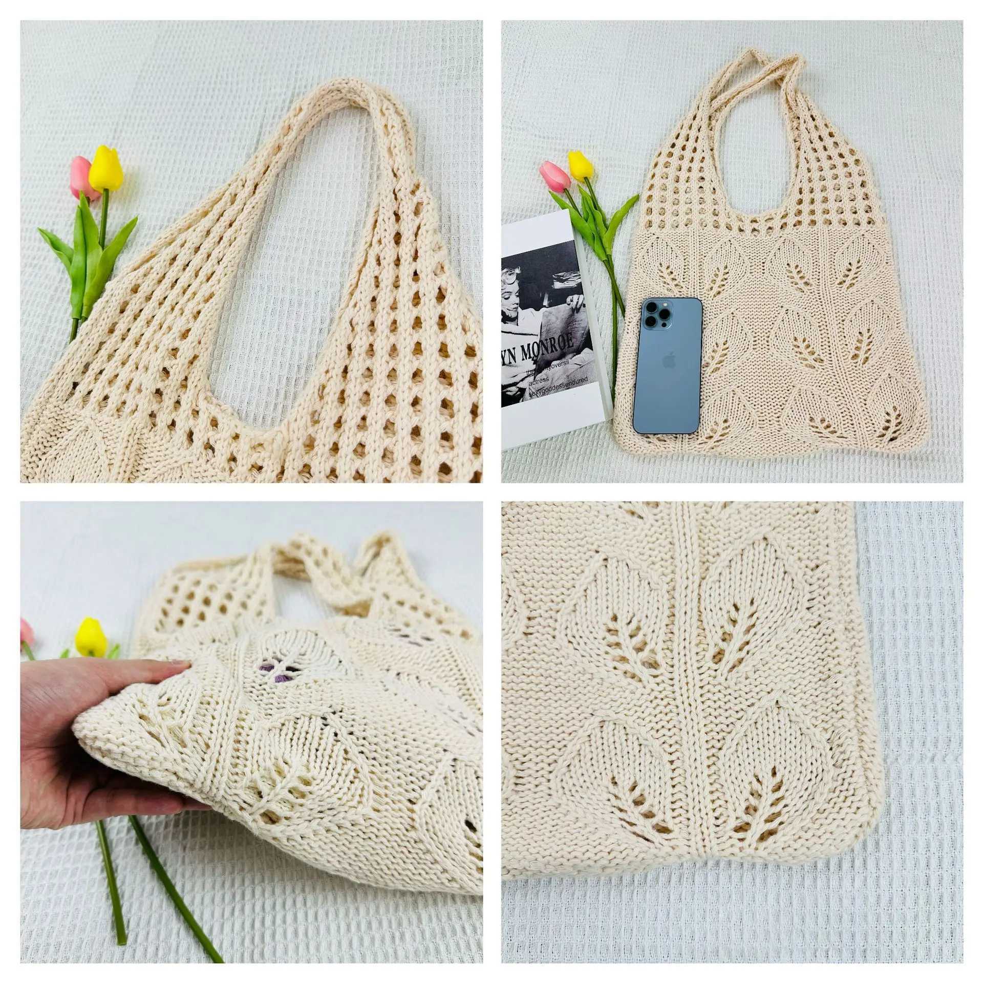 Knitted handbag beach bag lightweight student shoulder casual handbag womens shopping bag Y241011