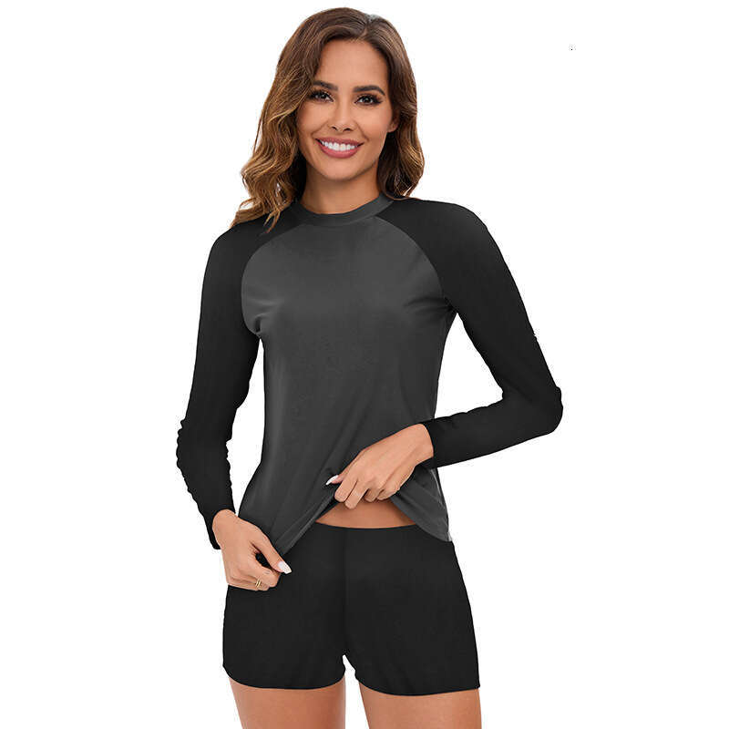 2024 New Split Women's Conservative Sports Long Sleeved Printed Panel Surfing Swimsuit