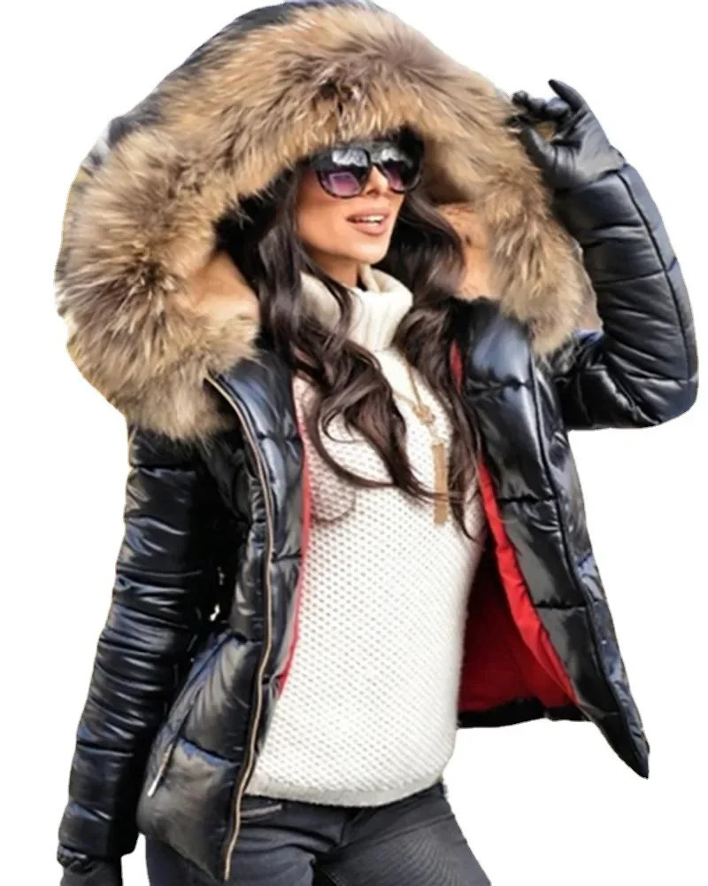 2023 Hood Solid Color Fur Hooded Jacket Autumn Winter Womens CottonPadded Down Short Parka Coat Fashion Casual 241009