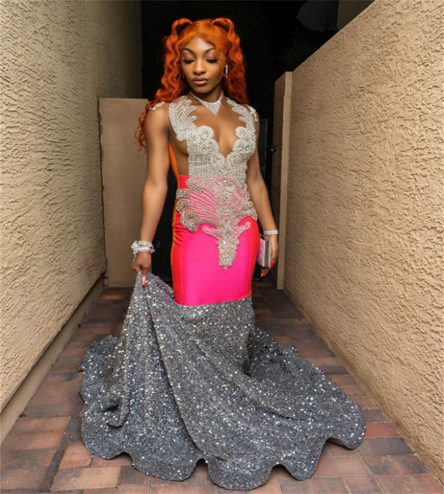 Unique Silver And Hot Pink Evening Dress 2025 Beaded Crystal Mermaid African Black Girls Prom Dresses Sequin Open Back Birthday Formal Occasion vestid