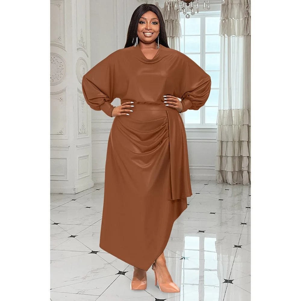 Plus Size Womens Everyday Dress Brown V Neck Long Sleeve Irregular Spring and Summer Satin Cinched Waist Maxi 241010