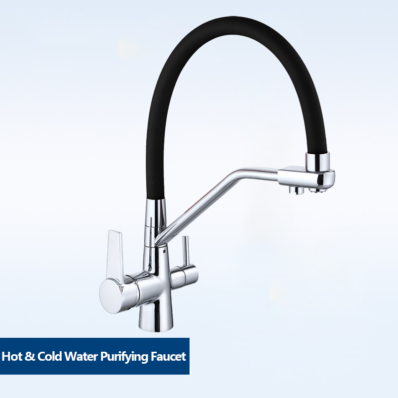 Kitchen faucet brass faucet hot and cold water faucet pure water faucet any retractable double handle faucet black tube