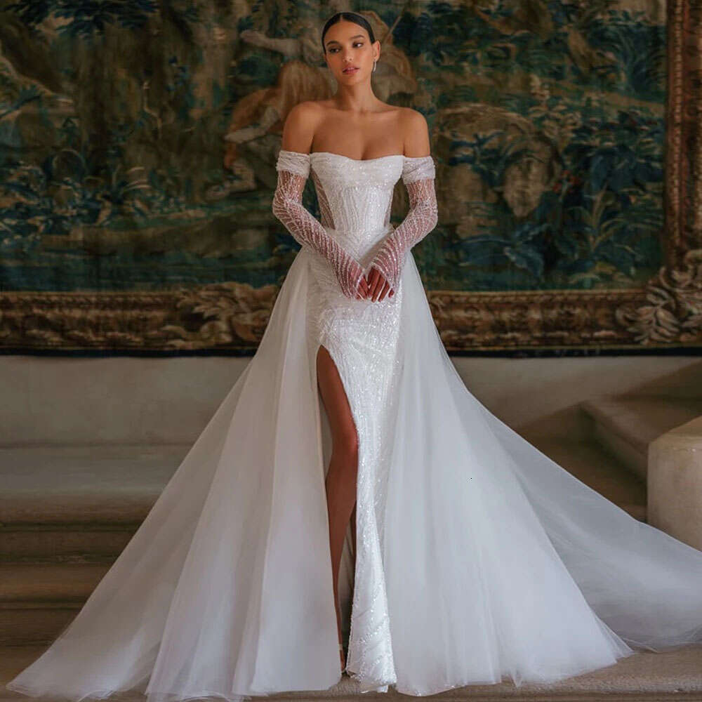 Mermaid Wedding Dresses Side Split Detachable Train Bridal Gown Custom Made Off Shoulder Long Sleeves Vestido De Novia