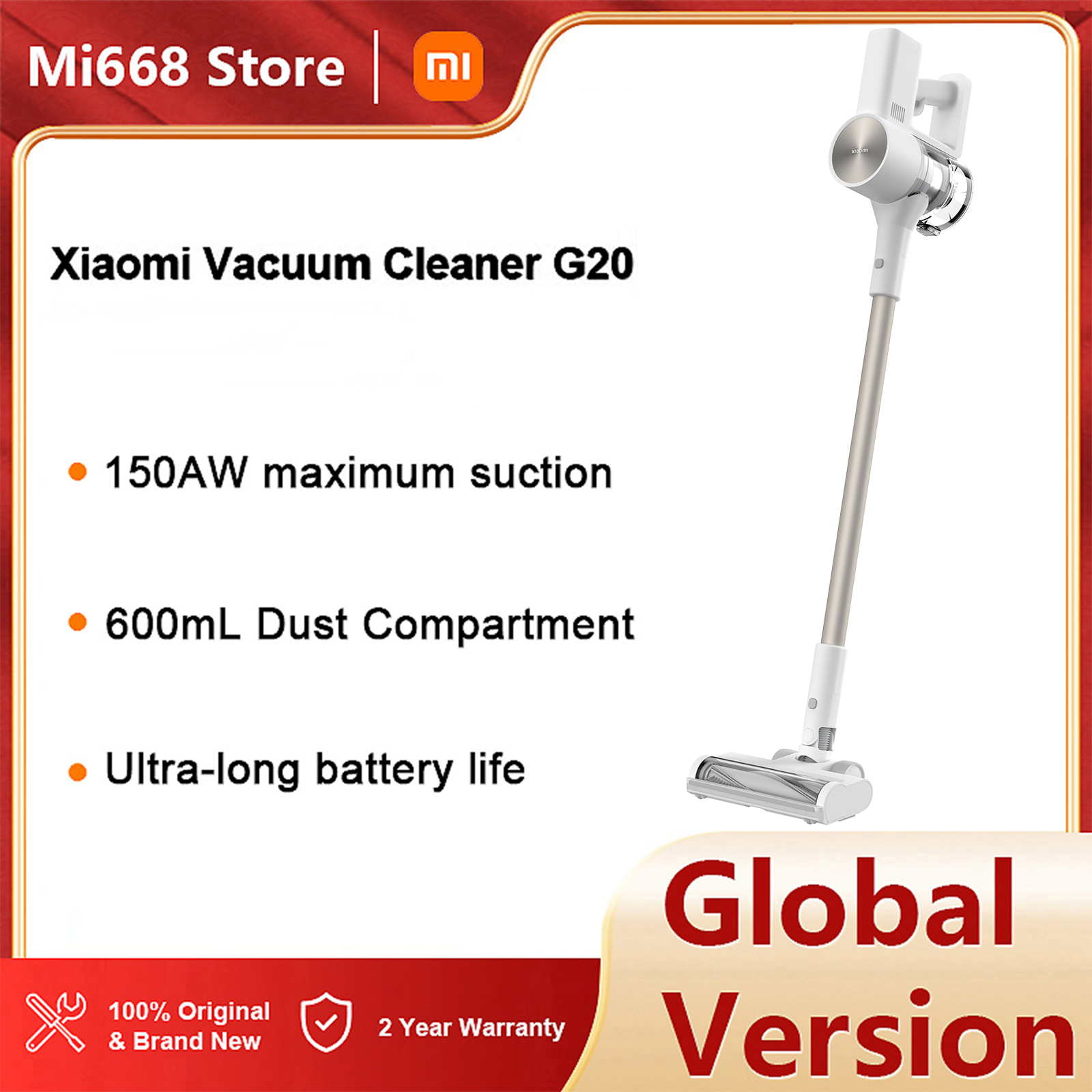 Global Version Xiaomi Vacuum Cleaner G20 150AW Suction LED Searchlight Long Battery Life Versatile Wireless Hand Held Vacuum Mop