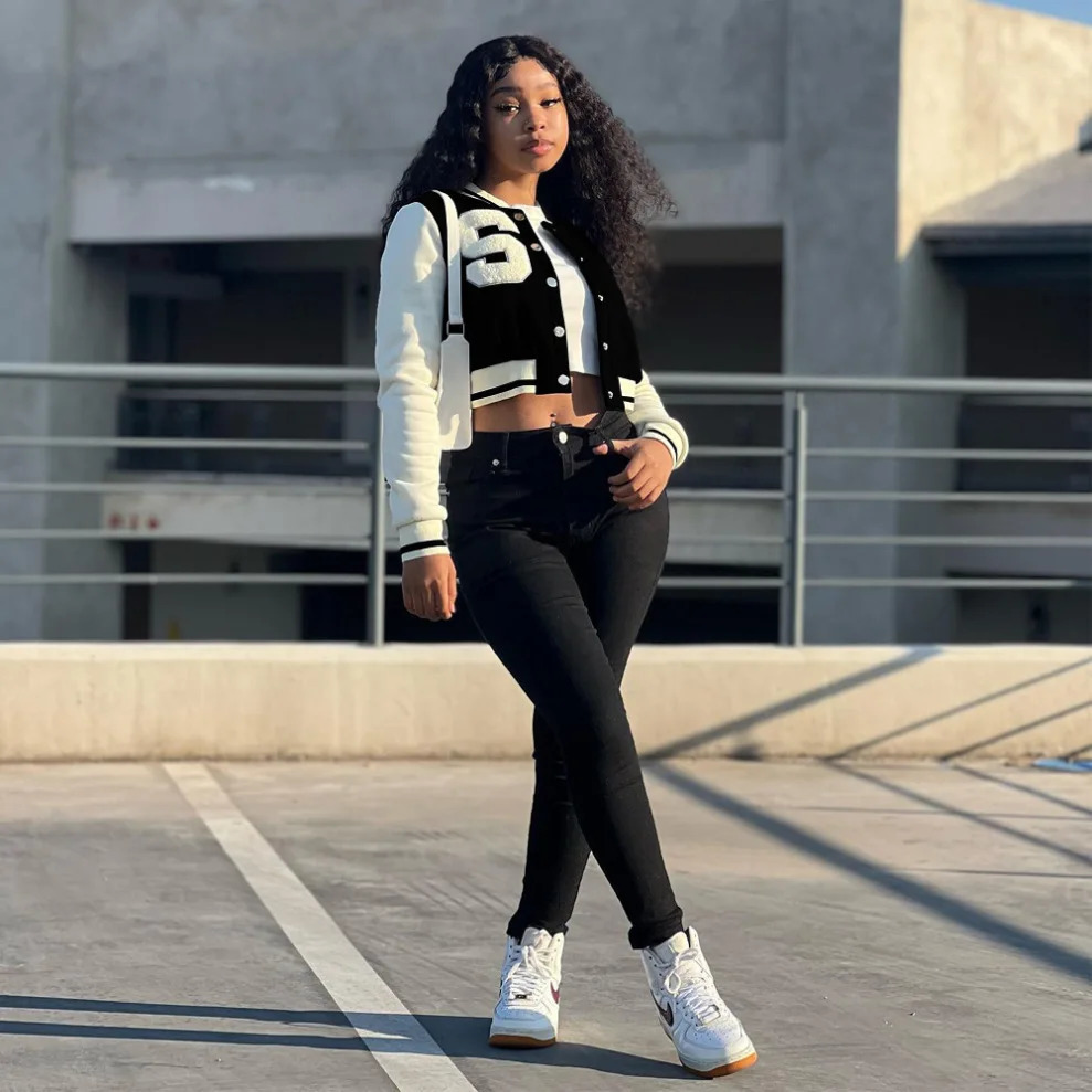 Blue baseball jacket womens letter printed button V-neck long sleeved red bomber jacket black baseball crop autumn top 241011