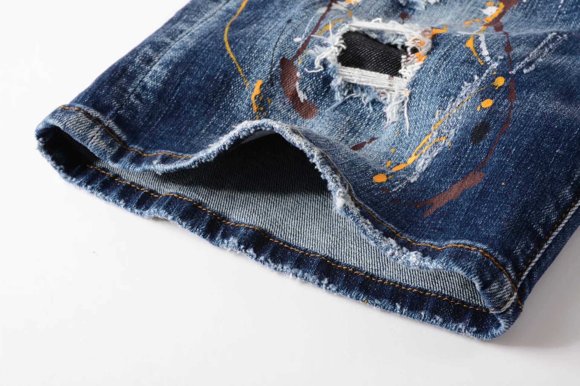 Newly arrived mens slim street blue ripped denim shorts light luxury colorful ink splattered decorative street shorts sexy casual shorts; W241010